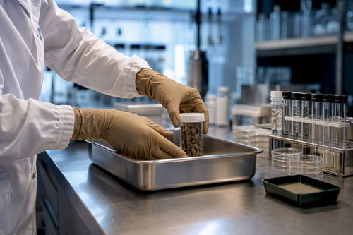 Technician handling kratom sample for laboratory testing