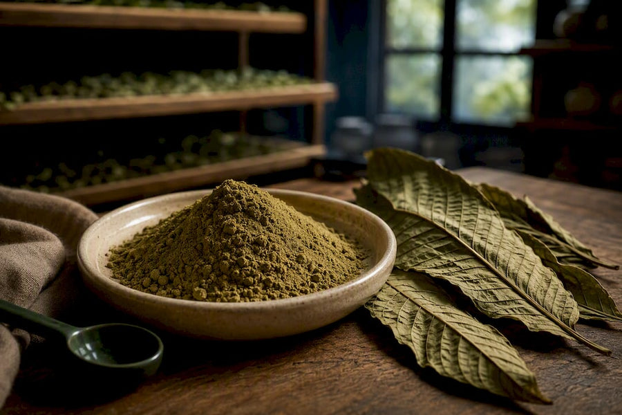 Plain kratom powder beside dried leaves