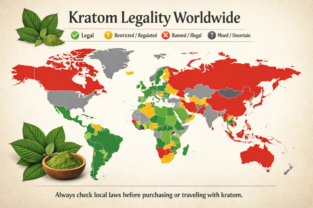 World map titled Kratom Legality Worldwide