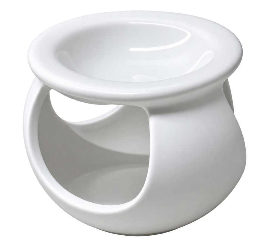 A white ceramic oil burner or candle holder with a wide, shallow top bowl and a curved side handle, shown on a plain white background.