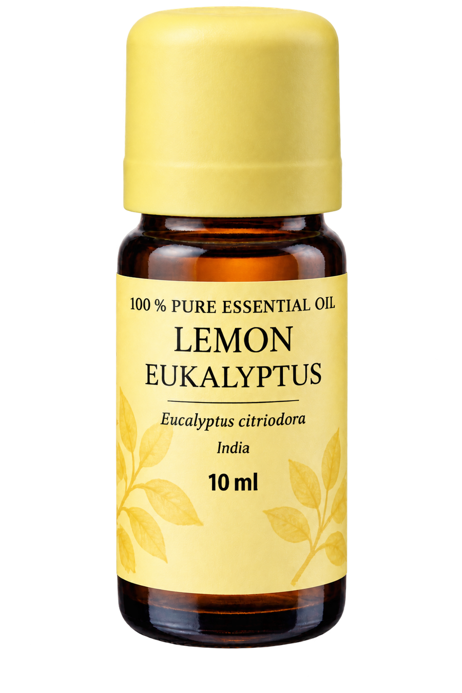 A 10 ml amber glass bottle of Lemon Eucalyptus essential oil with a yellow cap and a yellow label featuring leaf illustrations.