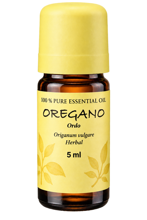 A 5 ml amber glass bottle of Oregano essential oil with a bright yellow cap and a matching yellow label featuring leaf illustrations.