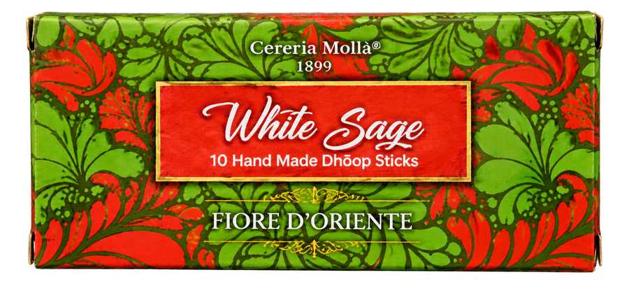 Front view of a Cereria Molla White Sage Dhooop Sticks box featuring a vibrant green and red floral pattern with a central red label.