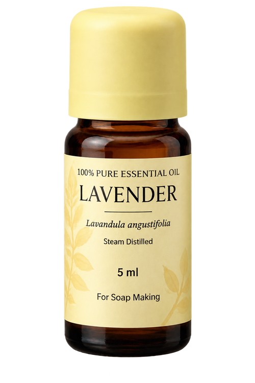 A 5 ml amber glass bottle of lavender essential oil with a pale yellow cap and a matching pale yellow label, designed for soap making.