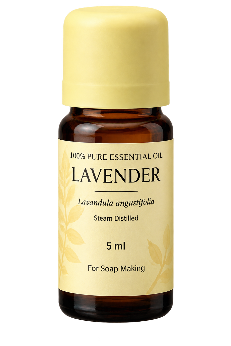 A 5 ml amber glass bottle of lavender essential oil with a pale yellow cap and a matching pale yellow label, designed for soap making.