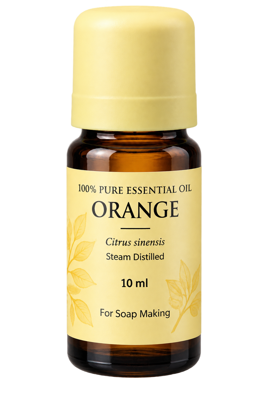 A 10 ml amber glass bottle of orange essential oil with a pale yellow cap and a matching pale yellow label, designed for soap making.