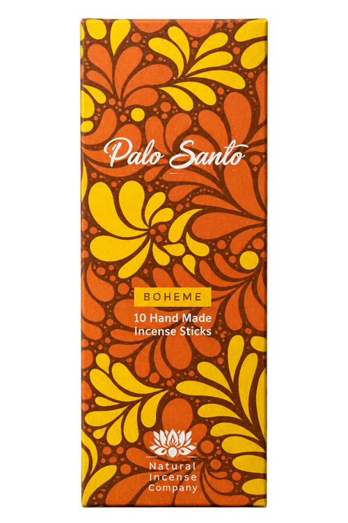 A tall rectangular box of Palo Santo incense sticks with a bold retro floral pattern in orange, yellow, and brown. The box features the text 'Palo Santo', 'BOHEME', '10 Hand Made Incense Sticks', and the 'Natural Incense Company' logo at the bottom.