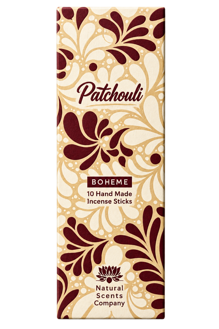 Patchouli Boheme incense stick box by Natural Scents Company, featuring a cream and dark burgundy floral pattern with the brand name 'Patchouli' and scent name 'BOHEME' printed on the front.