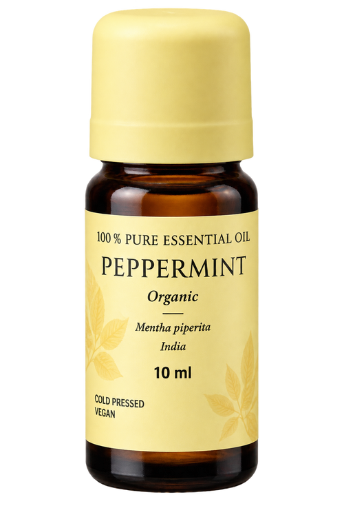 A 10 ml amber glass bottle of organic peppermint essential oil with a pale yellow cap and a matching pale yellow label featuring black text and leaf illustrations.