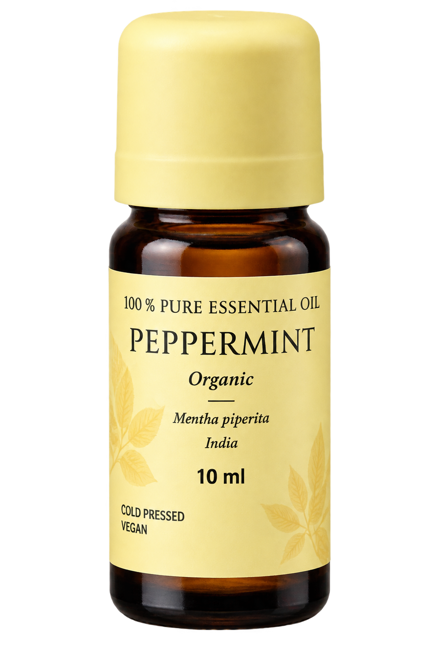 A 10 ml amber glass bottle of organic peppermint essential oil with a pale yellow cap and a matching pale yellow label featuring black text and leaf illustrations.