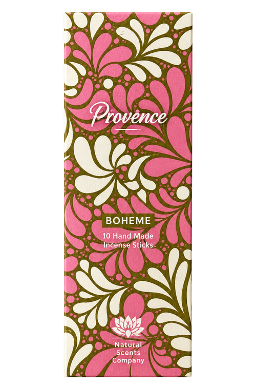 A tall rectangular box for Provence Boheme incense sticks by Natural Scents Company, featuring a bold mid-century modern floral pattern in pink, cream, and olive green on a white background.