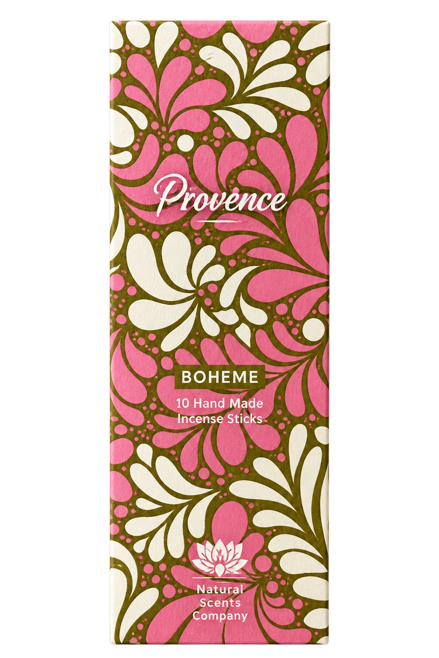 A tall rectangular box for Provence Boheme incense sticks by Natural Scents Company, featuring a bold mid-century modern floral pattern in pink, cream, and olive green on a white background.
