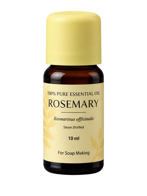 A 10 ml bottle of Rosemary essential oil for soap making, featuring a pale yellow cap and a cream-colored label with black text and subtle botanical leaf illustrations.