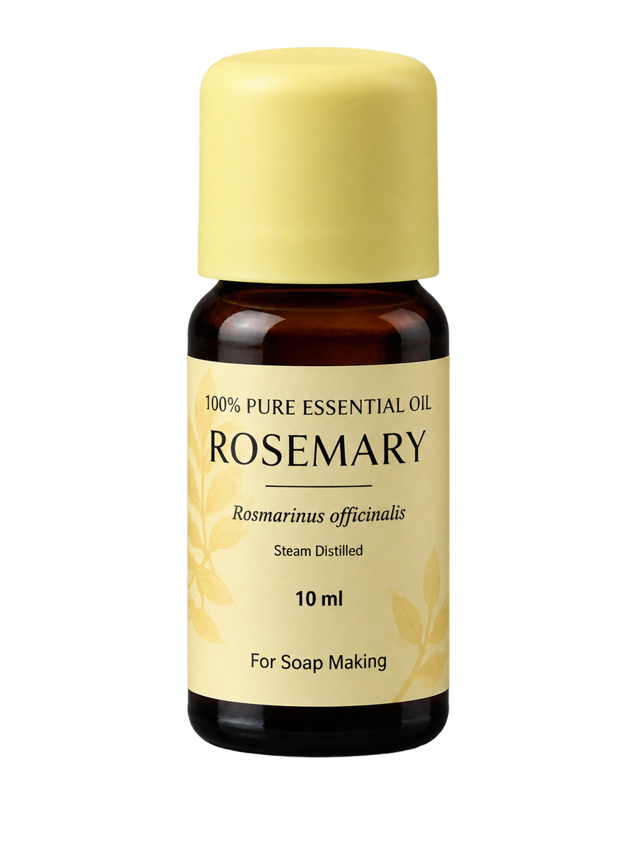 A 10 ml bottle of Rosemary essential oil for soap making, featuring a pale yellow cap and a cream-colored label with black text and subtle botanical leaf illustrations.