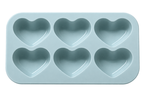 A light blue silicone mold with six heart-shaped cavities, shown on a solid white background.