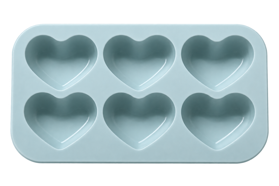 A light blue silicone mold with six heart-shaped cavities, shown on a solid white background.